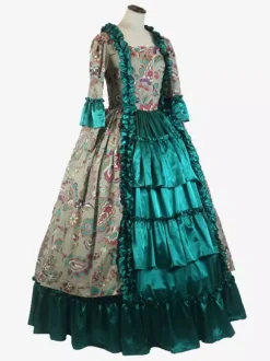 Green Retro Tudor Dress Costumes Ruffles Polyester Floral Print Dress Women's Marie Antoinette Costume Retro Tunic Party Prom Dress