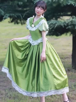 Green Retro Tudor Dress Costumes Flowers Polyester Dress Marie Antoinette Costume Women's Retro Party Prom Dress