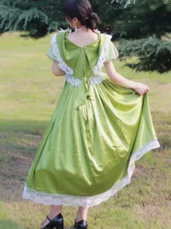 Green Retro Tudor Dress Costumes Flowers Polyester Dress Marie Antoinette Costume Women's Retro Party Prom Dress