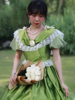 Green Retro Tudor Dress Costumes Flowers Polyester Dress Marie Antoinette Costume Women's Retro Party Prom Dress