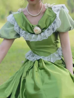 Green Retro Tudor Dress Costumes Flowers Polyester Dress Marie Antoinette Costume Women's Retro Party Prom Dress