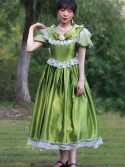 Green Retro Tudor Dress Costumes Flowers Polyester Dress Marie Antoinette Costume Women's Retro Party Prom Dress