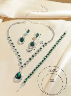 Green Vintage Flower Jewelry Set Rhinestone Armwear Earrings Necklace Retro Set