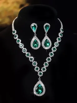 Green Vintage Flower Jewelry Set Rhinestone Armwear Earrings Necklace Retro Set