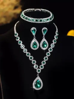 Green Vintage Flower Jewelry Set Rhinestone Armwear Earrings Necklace Retro Set