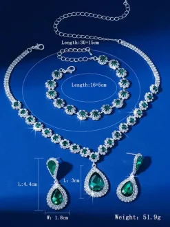 Green Vintage Flower Jewelry Set Rhinestone Armwear Earrings Necklace Retro Set
