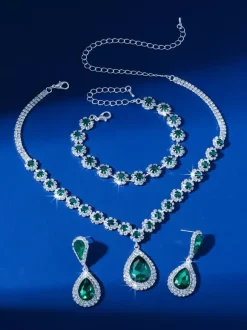 Green Vintage Flower Jewelry Set Rhinestone Armwear Earrings Necklace Retro Set