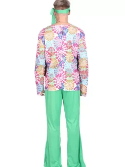 Green vintage Set Hippies Floral Print Long Sleeves Polyester Polyester Fiber Top Retro Costumes For Man