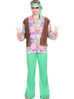 Green vintage Set Hippies Floral Print Long Sleeves Polyester Polyester Fiber Top Retro Costumes For Man