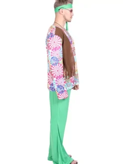 Green vintage Set Hippies Floral Print Long Sleeves Polyester Polyester Fiber Top Retro Costumes For Man