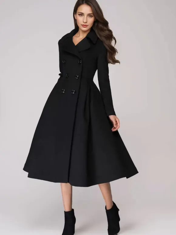 Green Woolen Flared Coat Double-breasted Wide Lapel Winter A-line Midi Outerwear 2026