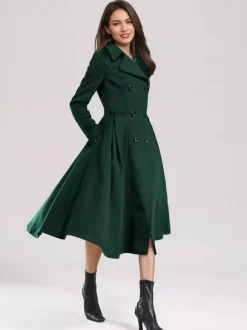 Green Woolen Flared Coat Double-breasted Wide Lapel Winter A-line Midi Outerwear 2026