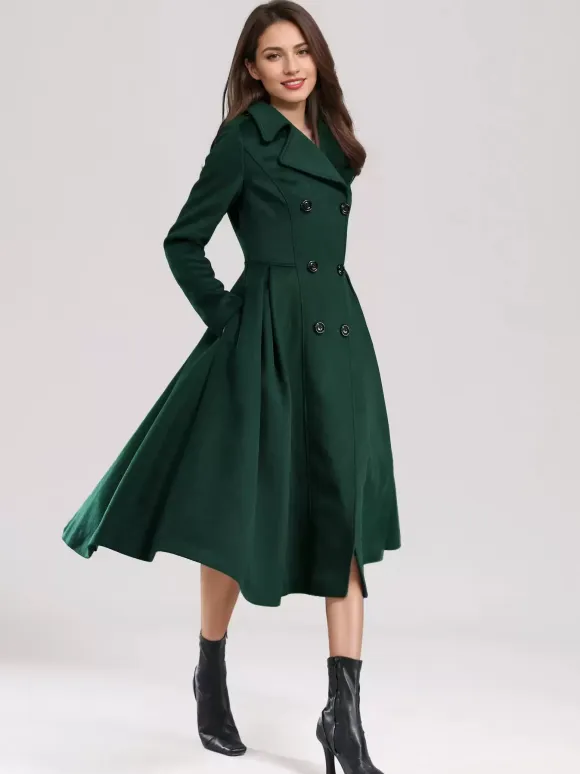Green Woolen Flared Coat Double-breasted Wide Lapel Winter A-line Midi Outerwear 2026