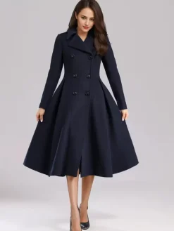 Green Woolen Flared Coat Double-breasted Wide Lapel Winter A-line Midi Outerwear 2026