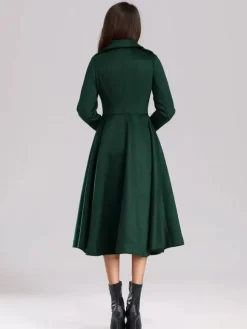 Green Woolen Flared Coat Double-breasted Wide Lapel Winter A-line Midi Outerwear 2026