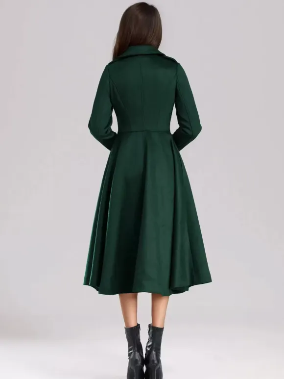 Green Woolen Flared Coat Double-breasted Wide Lapel Winter A-line Midi Outerwear 2026