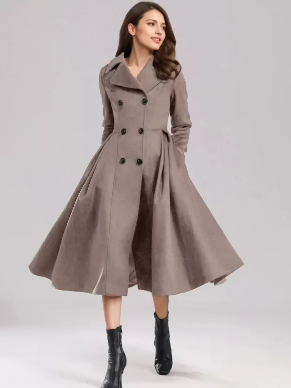 Green Woolen Flared Coat Double-breasted Wide Lapel Winter A-line Midi Outerwear 2026
