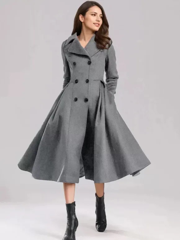 Green Woolen Flared Coat Double-breasted Wide Lapel Winter A-line Midi Outerwear 2026