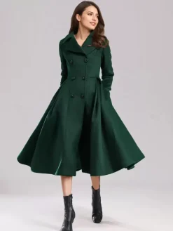 Green Woolen Flared Coat Double-breasted Wide Lapel Winter A-line Midi Outerwear 2026
