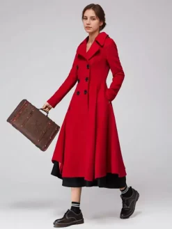 Green Woolen Flared Coat Double-breasted Wide Lapel Winter A-line Midi Outerwear 2026