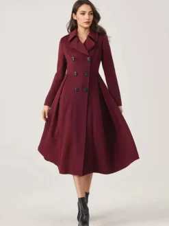 Green Woolen Flared Coat Double-breasted Wide Lapel Winter A-line Midi Outerwear 2026