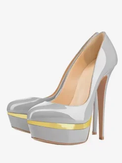 Grey Platform Pumps High Heel Round Toe Slip On Dress Shoes