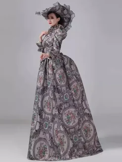 Grey Bustle Victorian Dress Long Sleeves Floral Ball Maxi Retro Dress With Hat