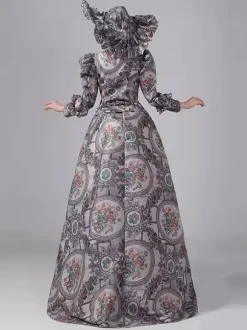 Grey Bustle Victorian Dress Long Sleeves Floral Ball Maxi Retro Dress With Hat