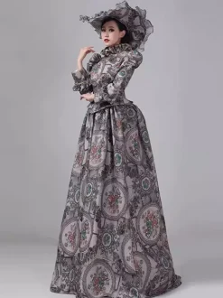 Grey Bustle Victorian Dress Long Sleeves Floral Ball Maxi Retro Dress With Hat