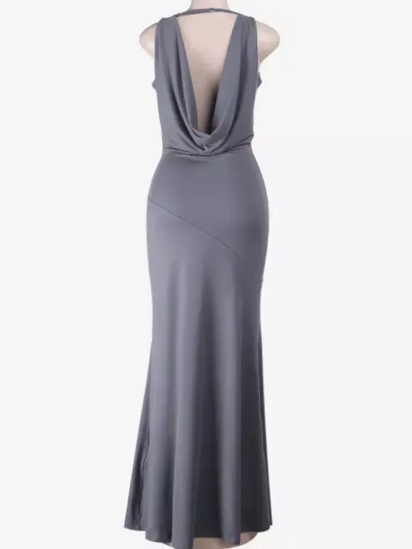 Grey Cowl Neck Women Maxi Dress - Elegant Backless Slim Bodycon - Minimalist Evening Gala 2026