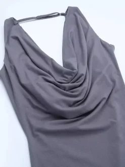Grey Cowl Neck Women Maxi Dress - Elegant Backless Slim Bodycon - Minimalist Evening Gala 2026
