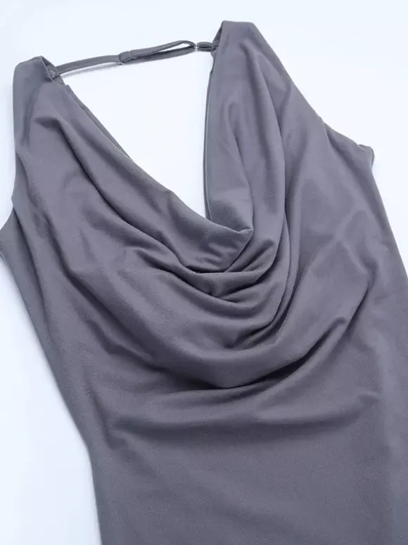 Grey Cowl Neck Women Maxi Dress - Elegant Backless Slim Bodycon - Minimalist Evening Gala 2026