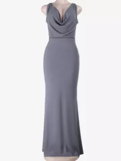 Grey Cowl Neck Women Maxi Dress - Elegant Backless Slim Bodycon - Minimalist Evening Gala 2026