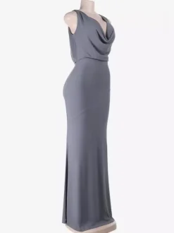 Grey Cowl Neck Women Maxi Dress - Elegant Backless Slim Bodycon - Minimalist Evening Gala 2026