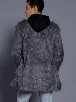 Grey Fuzzy Coat Faux Fur Men Winter Overcoat