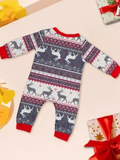 Grey Reindeer Fair Isle Print Family Christmas Pajamas With Red Trim 2026