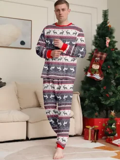 Grey Reindeer Fair Isle Print Family Christmas Pajamas With Red Trim 2026