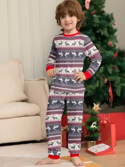 Grey Reindeer Fair Isle Print Family Christmas Pajamas With Red Trim 2026