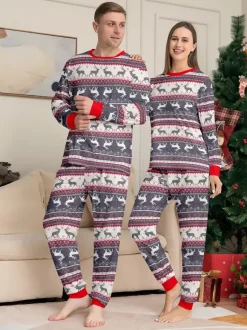 Grey Reindeer Fair Isle Print Family Christmas Pajamas With Red Trim 2026
