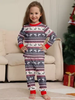 Grey Reindeer Fair Isle Print Family Christmas Pajamas With Red Trim 2026