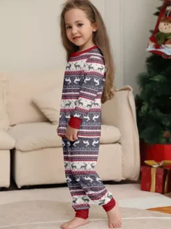 Grey Reindeer Fair Isle Print Family Christmas Pajamas With Red Trim 2026