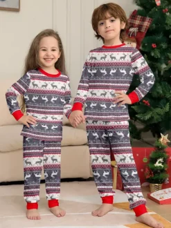 Grey Reindeer Fair Isle Print Family Christmas Pajamas With Red Trim 2026