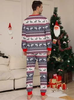 Grey Reindeer Fair Isle Print Family Christmas Pajamas With Red Trim 2026