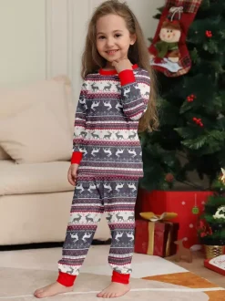 Grey Reindeer Fair Isle Print Family Christmas Pajamas With Red Trim 2026