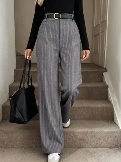 Grey Vertical Striped Wide Leg Trousers High Waist Elastic Back Loose Casual Palazzo Pants