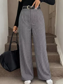 Grey Vertical Striped Wide Leg Trousers High Waist Elastic Back Loose Casual Palazzo Pants