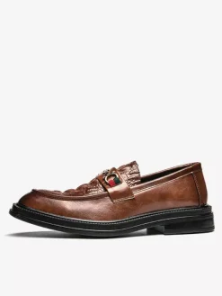 Groom Loafers Men Horsebit Loafers Slip-on Leather Chunky Round Toe Shoes