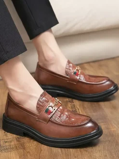 Groom Loafers Men Horsebit Loafers Slip-on Leather Chunky Round Toe Shoes