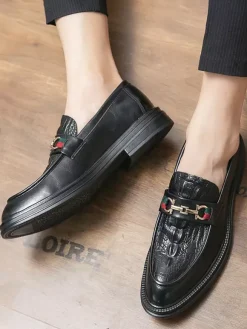 Groom Loafers Men Horsebit Loafers Slip-on Leather Chunky Round Toe Shoes
