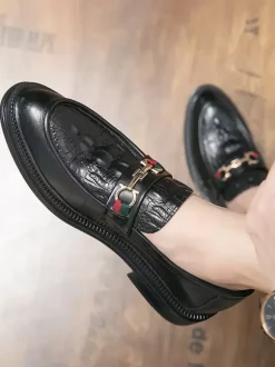 Groom Loafers Men Horsebit Loafers Slip-on Leather Chunky Round Toe Shoes